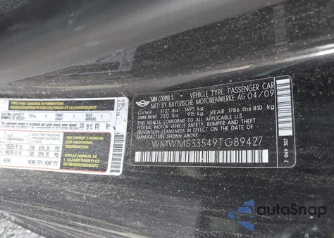 2009 Mini Cooper S из США, поврежденный, VIN WMWMS33549TG89427